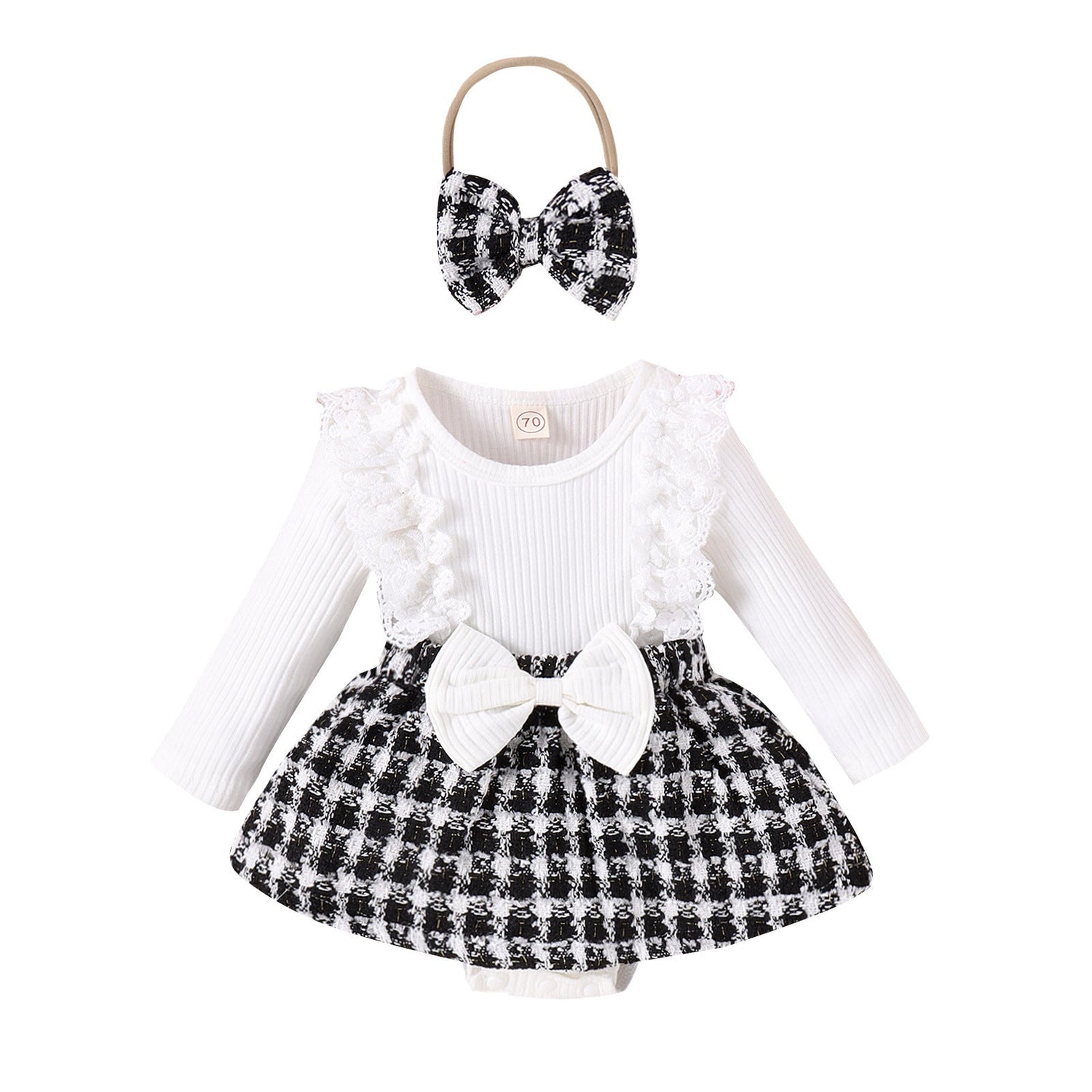 Long Sleeve Stitching Woven Style Plaid Skirt Bow Romper