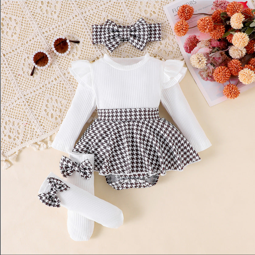 Sunken Stripe Long Sleeve Stitching Houndstooth Skirt One-piece Romper - Cindi Book