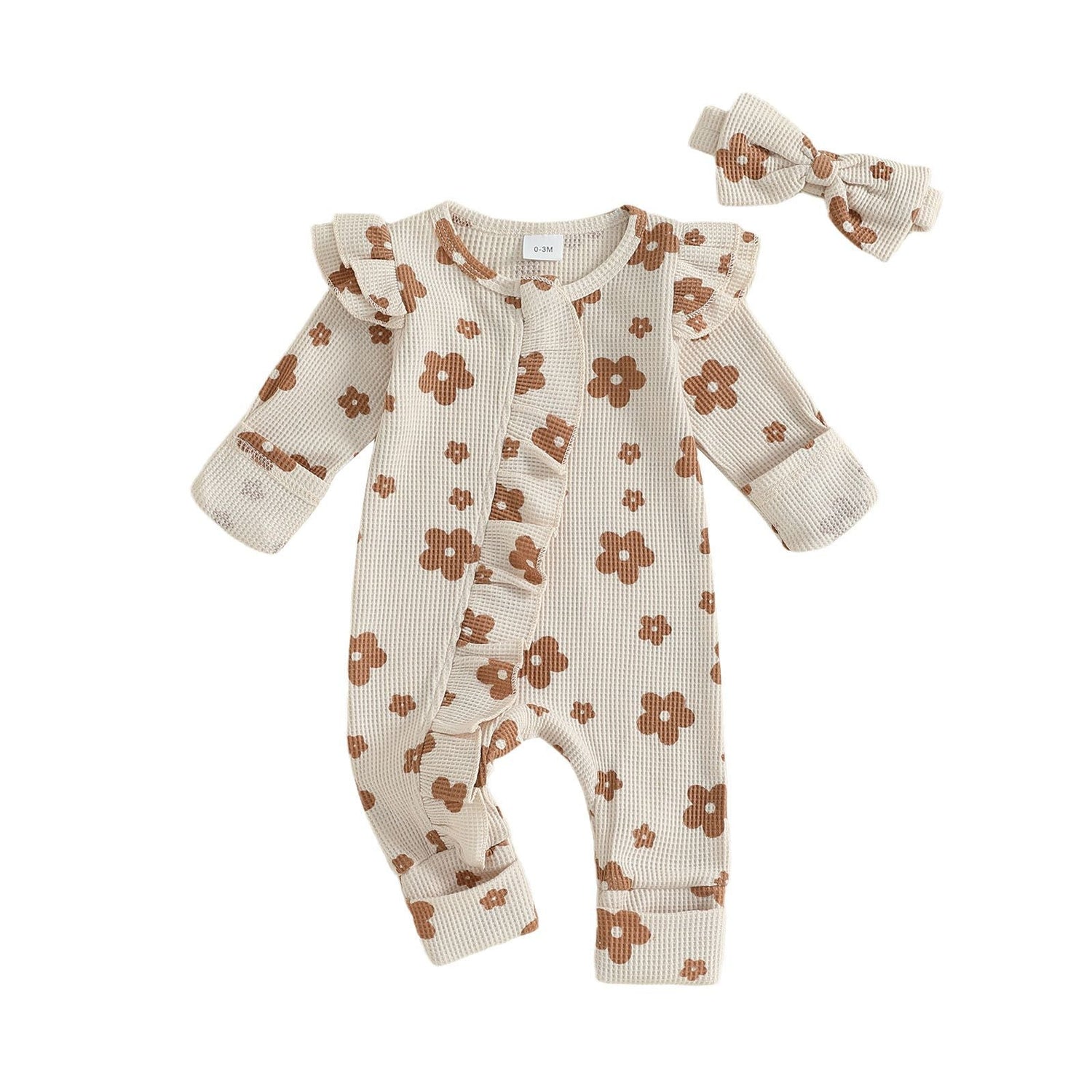 Girls Long Sleeve Flower Print Zipper Hair Band Jumpsuit