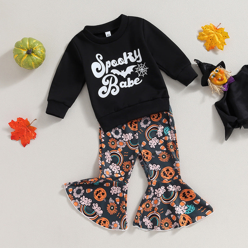 Letter Long Sleeve Sweater Bell-bottom Pants Suit - Cindi Book