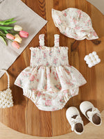 Rylee Faith Designs - Muslin Summer Floral Print Smocked Baby Girl Romper Set Hat - alternate view 6