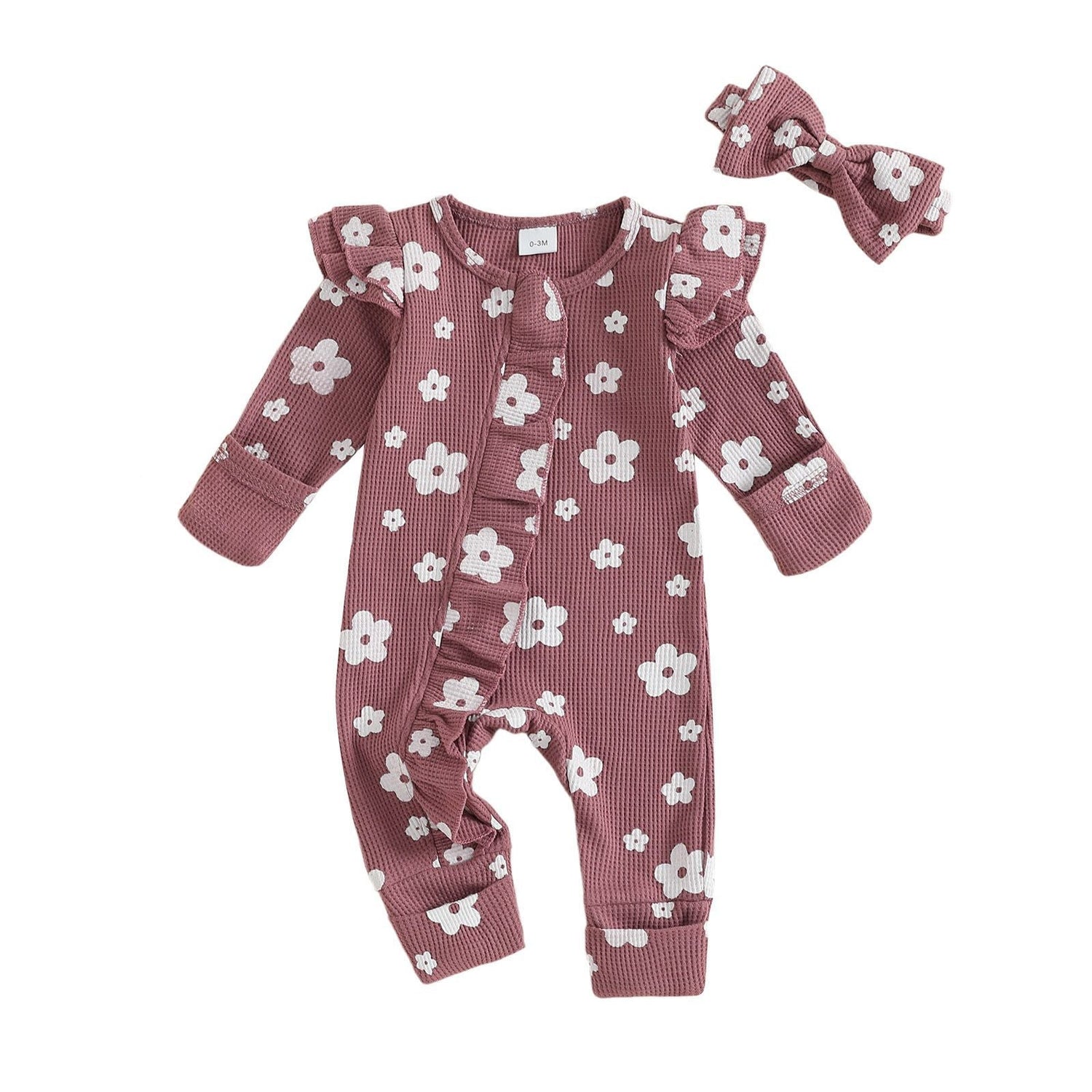 Girls Long Sleeve Flower Print Zipper Hair Band Jumpsuit