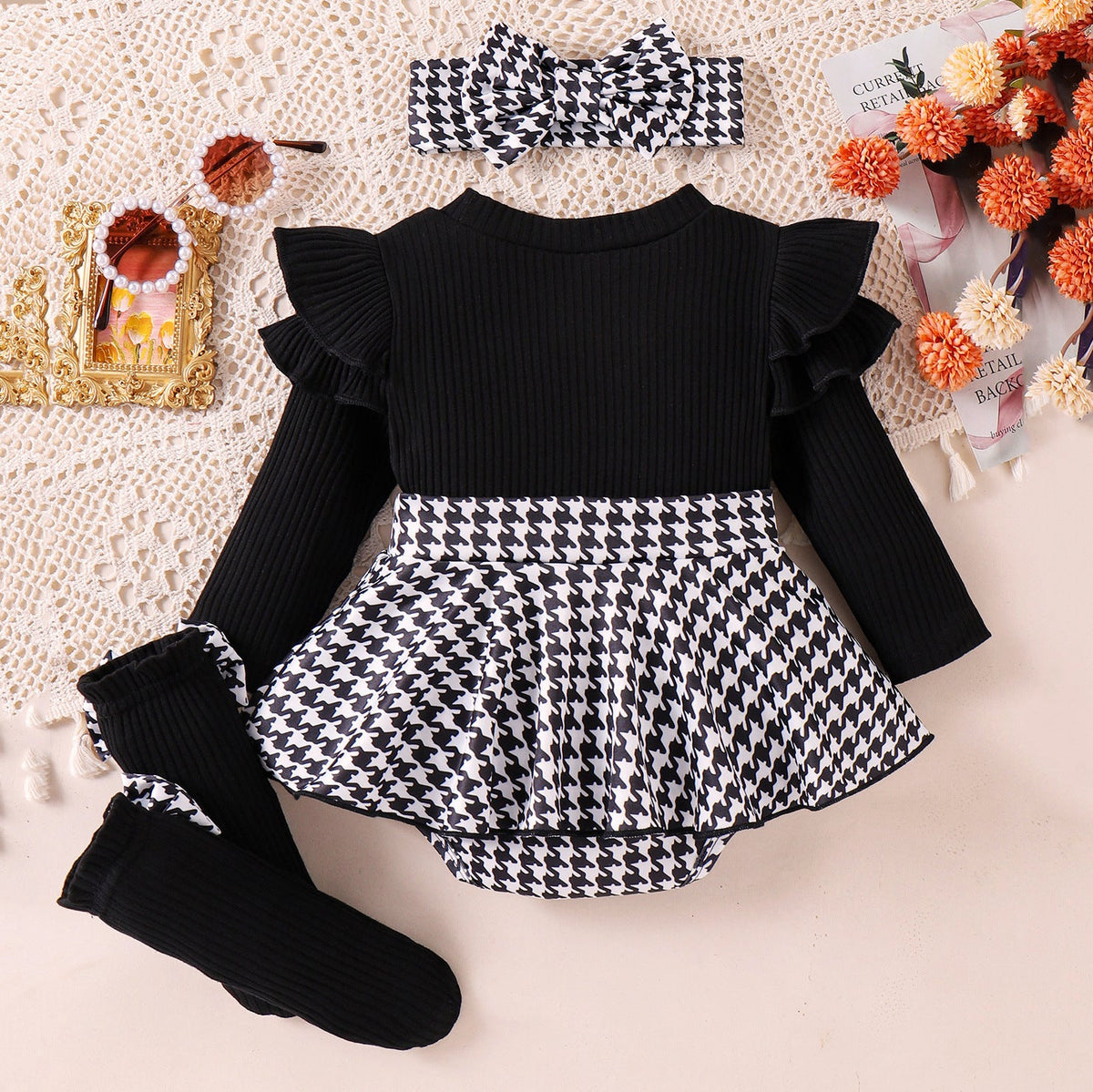 Sunken Stripe Long Sleeve Stitching Houndstooth Skirt One-piece Romper - Cindi Book