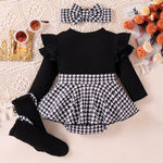 Sunken Stripe Long Sleeve Stitching Houndstooth Skirt One-piece Romper - Cindi Book