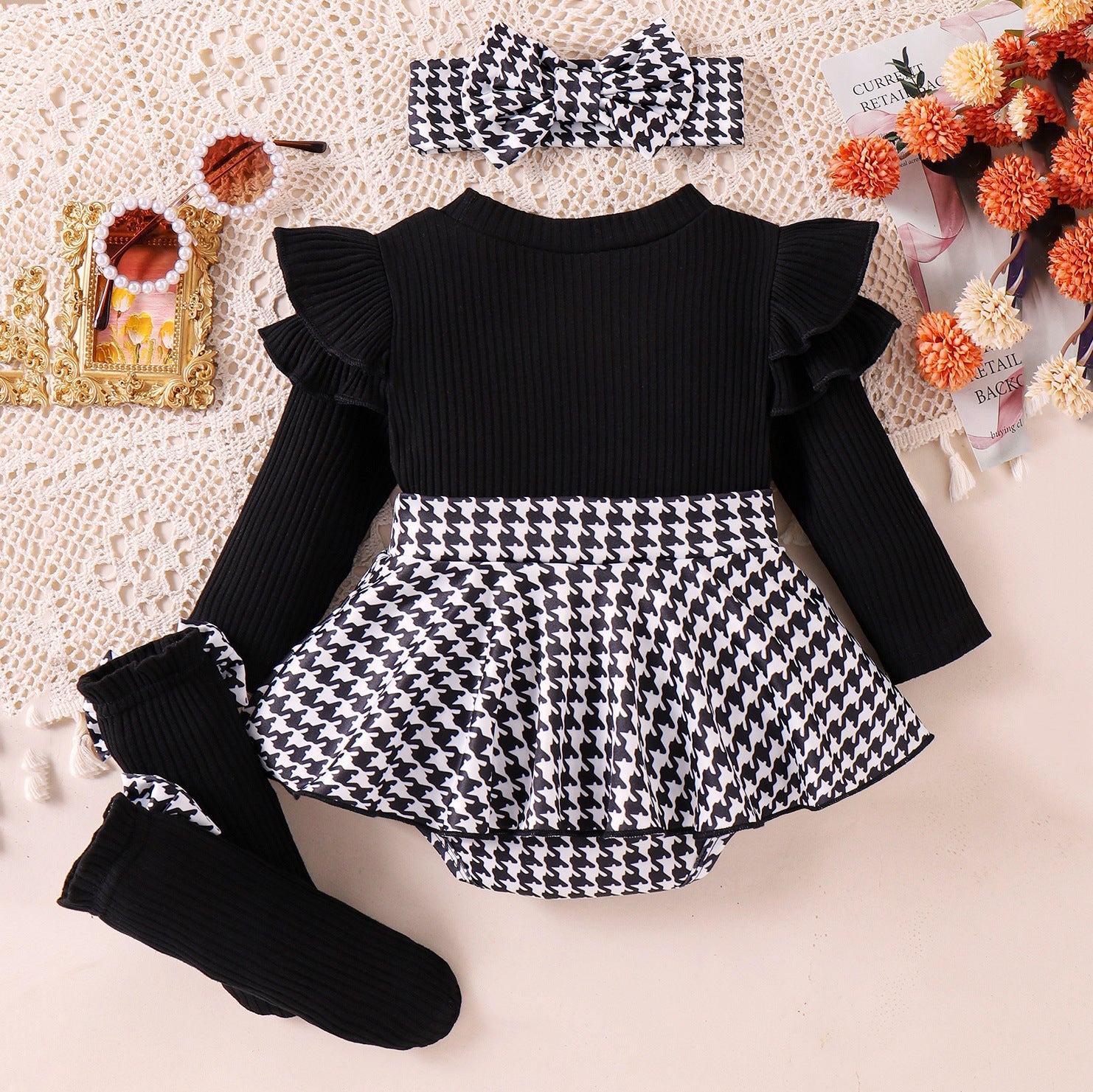 Sunken Stripe Long Sleeve Stitching Houndstooth Skirt One-piece Romper - Cindi Book