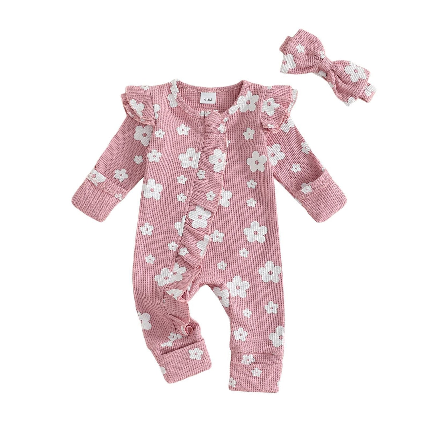 Girls Long Sleeve Flower Print Zipper Hair Band Jumpsuit