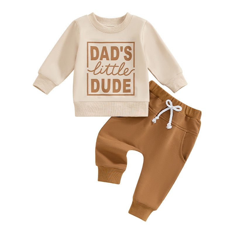 Boys' Letter Printed Long-sleeved Pullover Sweater Solid Color Trousers Two-piece Set - Cindi Book