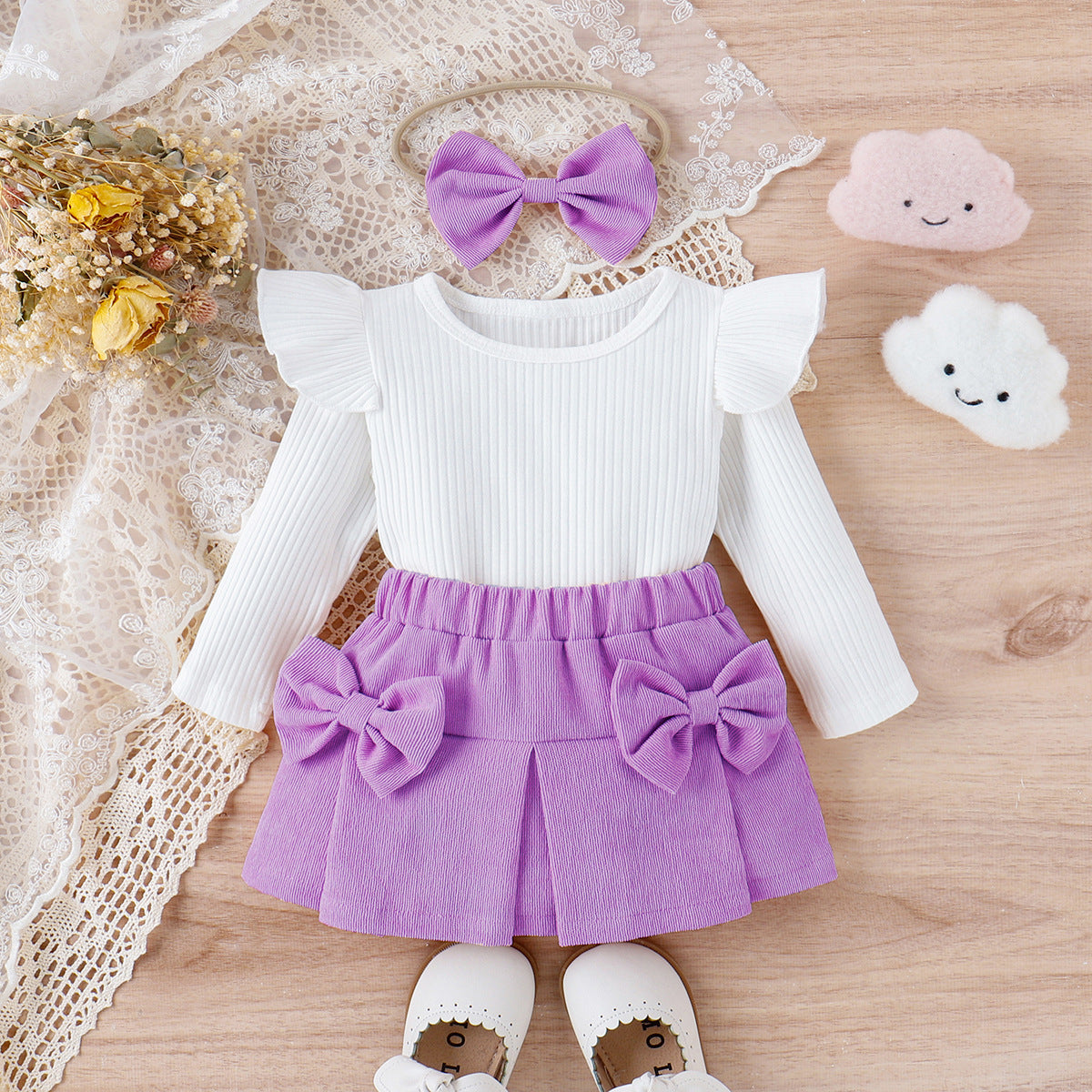 Infant Toddler Lace Bowknot Short Dress with Headdress Three-Piece Set