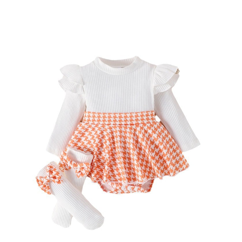 Sunken Stripe Long Sleeve Stitching Houndstooth Skirt One-piece Romper - Cindi Book