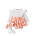 Sunken Stripe Long Sleeve Stitching Houndstooth Skirt One-piece Romper - Cindi Book