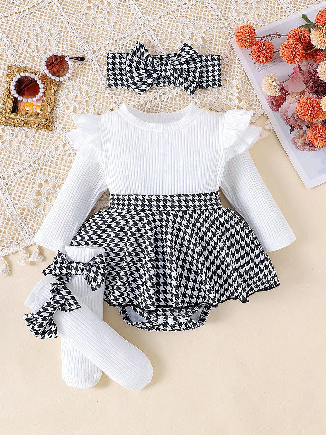 Sunken Stripe Long Sleeve Stitching Houndstooth Skirt One-piece Romper - Cindi Book