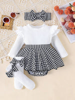 Sunken Stripe Long Sleeve Stitching Houndstooth Skirt One-piece Romper - Cindi Book