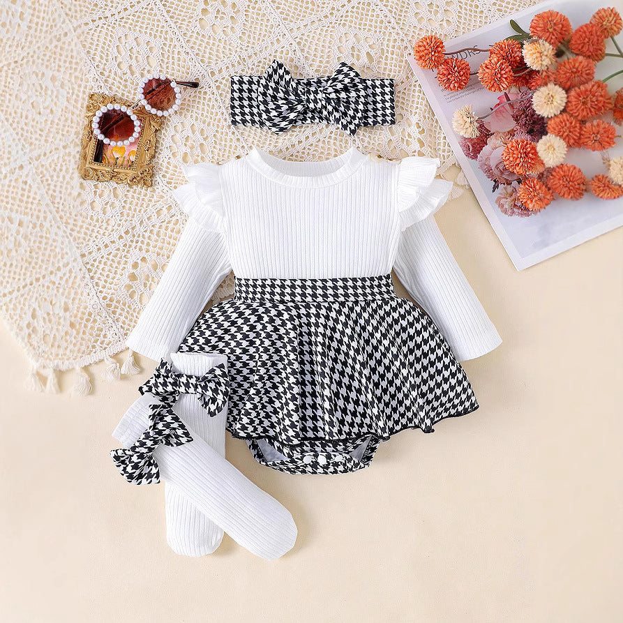 Sunken Stripe Long Sleeve Stitching Houndstooth Skirt One-piece Romper - Cindi Book