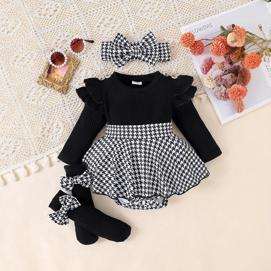 Sunken Stripe Long Sleeve Stitching Houndstooth Skirt One-piece Romper - Cindi Book