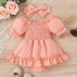 Three-color Jacquard Skirt Cute Puff Sleeve One-piece Rompers Jumpsuit With Headscarf - Cindi Book