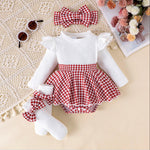 Sunken Stripe Long Sleeve Stitching Houndstooth Skirt One-piece Romper - Cindi Book