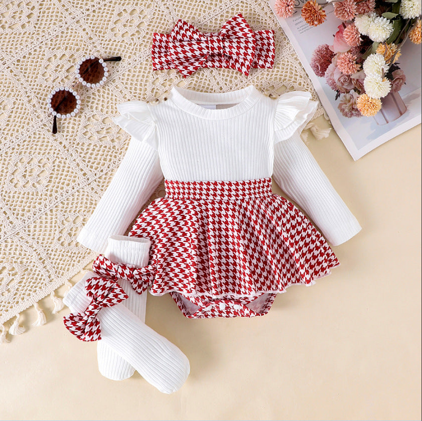 Sunken Stripe Long Sleeve Stitching Houndstooth Skirt One-piece Romper - Cindi Book