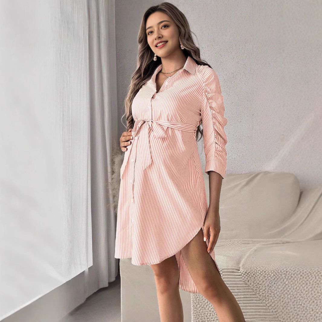Women's Striped Lapel Button Casual Maternity Wear - Cindi Book