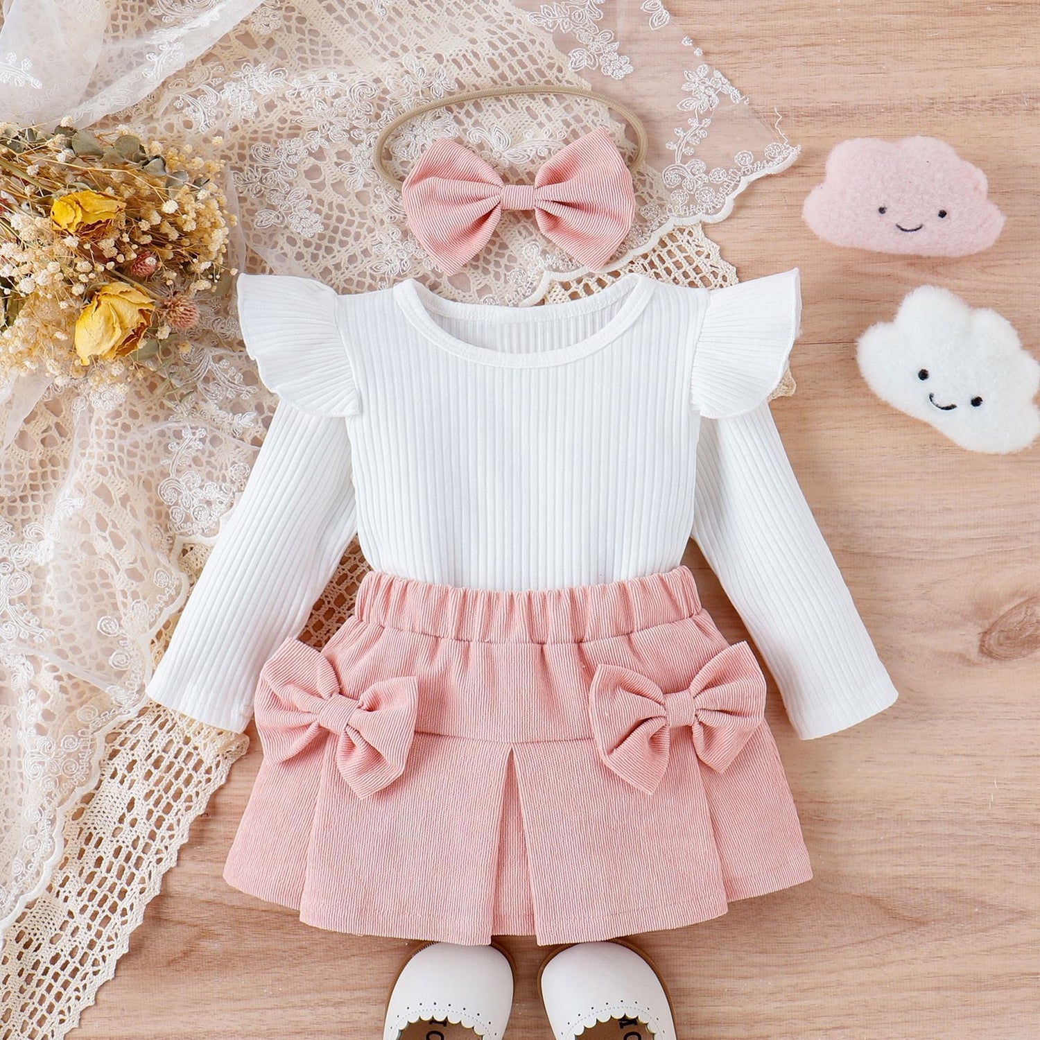 Infant Toddler Lace Bowknot Short Dress with Headdress Three-Piece Set