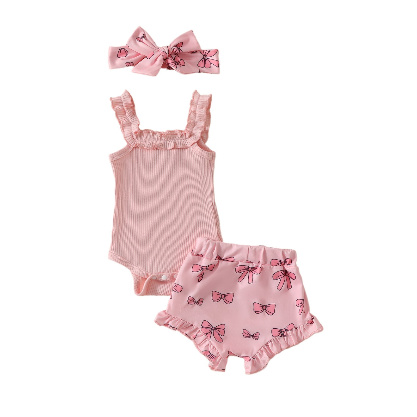 Girls' Solid Color Romper Bow Shorts Two-piece Set - Cindi Book