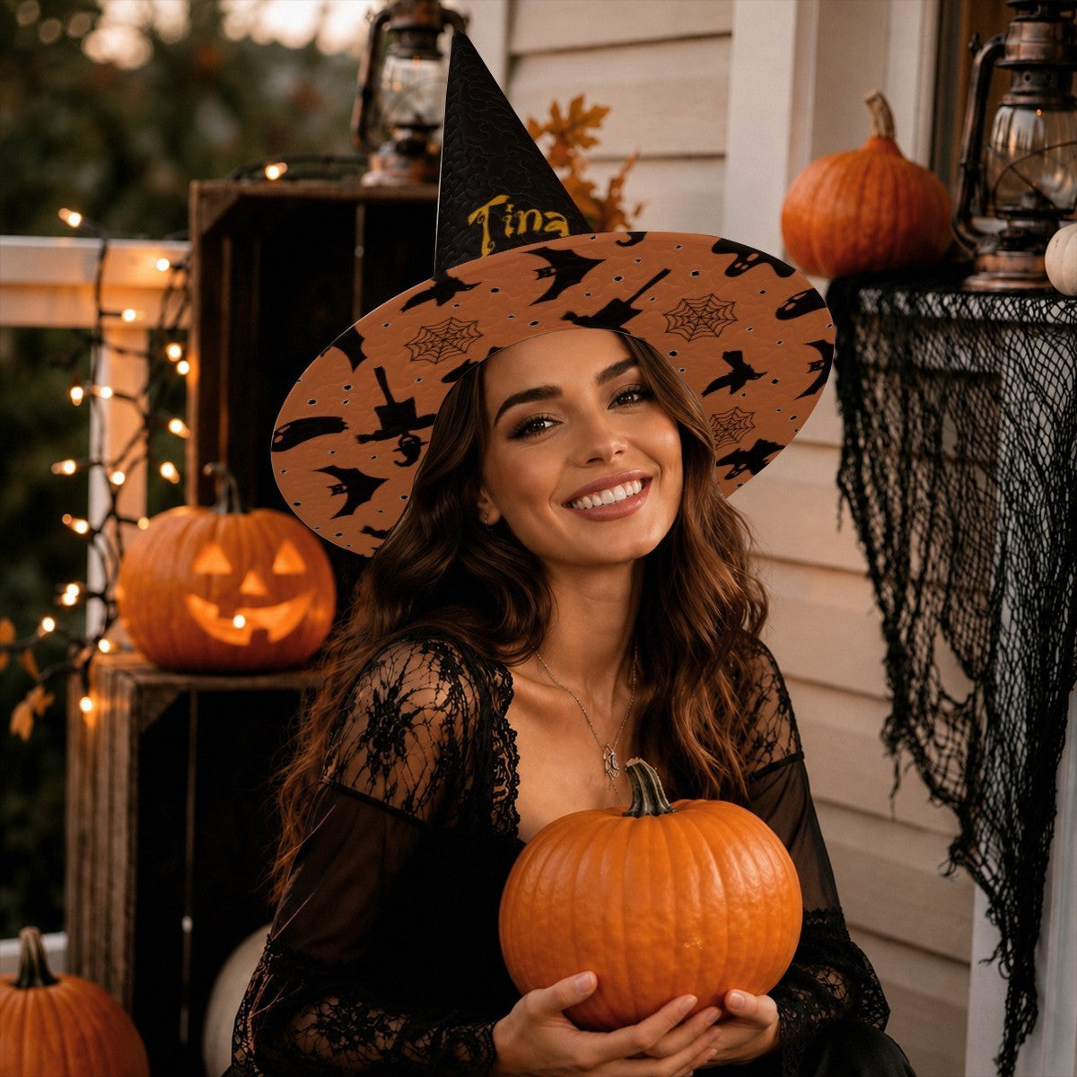 Personalized Halloween Witch Hat with Custom Name - Flying Witches Ghosts and Spider Webs Orange Brim Costume Hat for Adults and Teens
