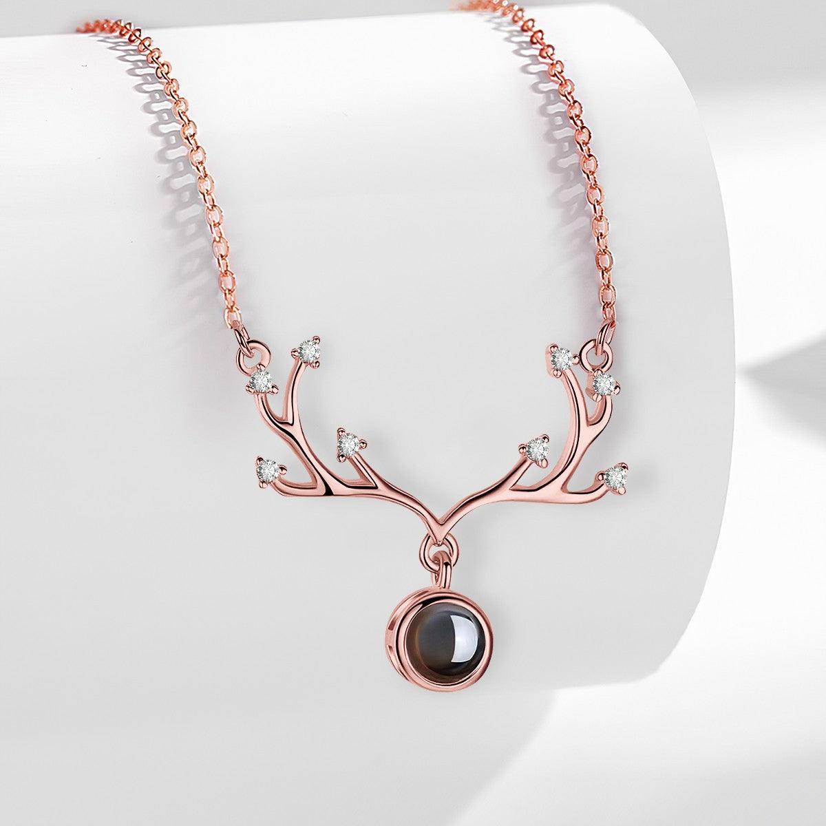 Custom Photo Projection Antler Necklace with Hidden 'I Love You' | Rose Gold & Platinum
