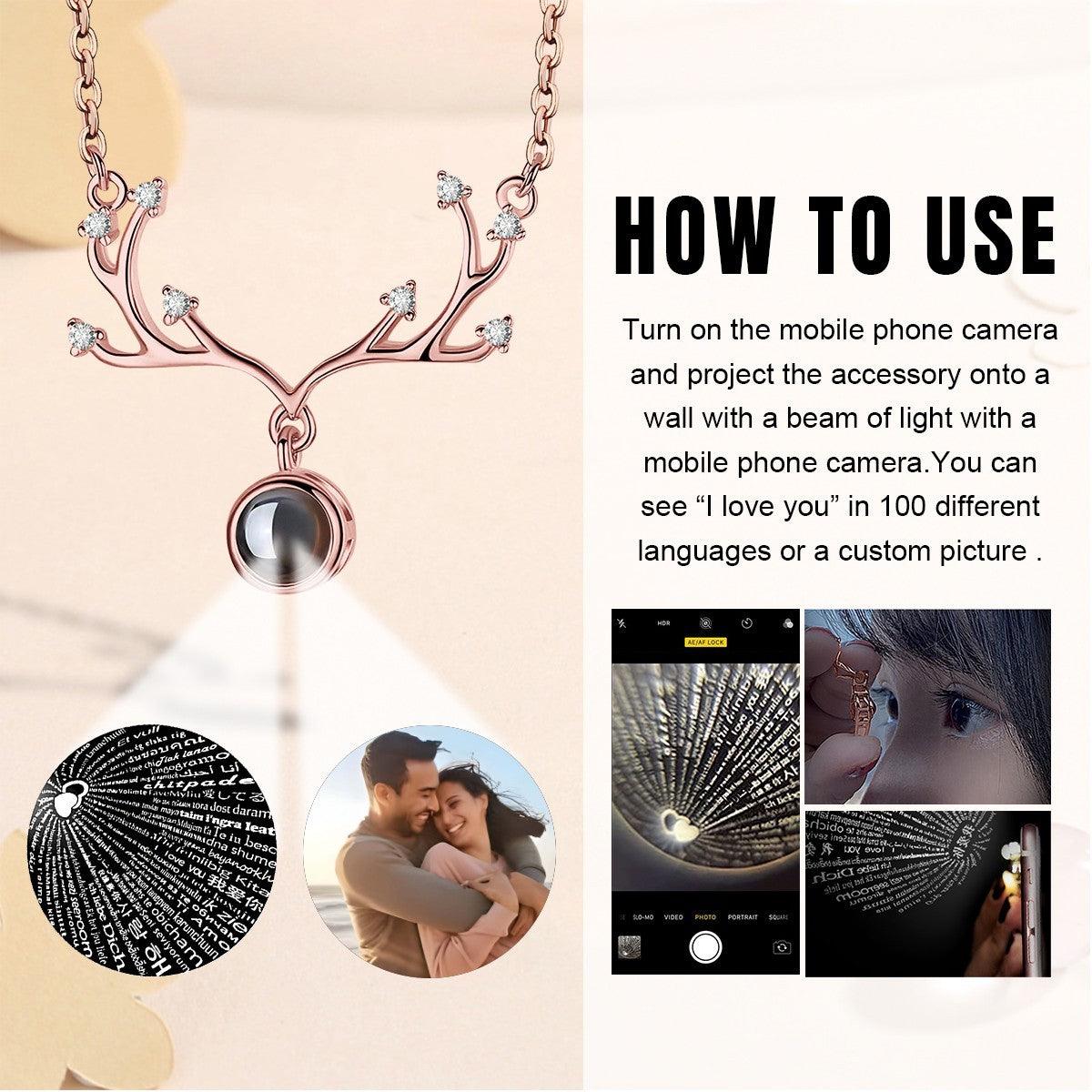 Custom Photo Projection Antler Necklace with Hidden 'I Love You' | Rose Gold & Platinum