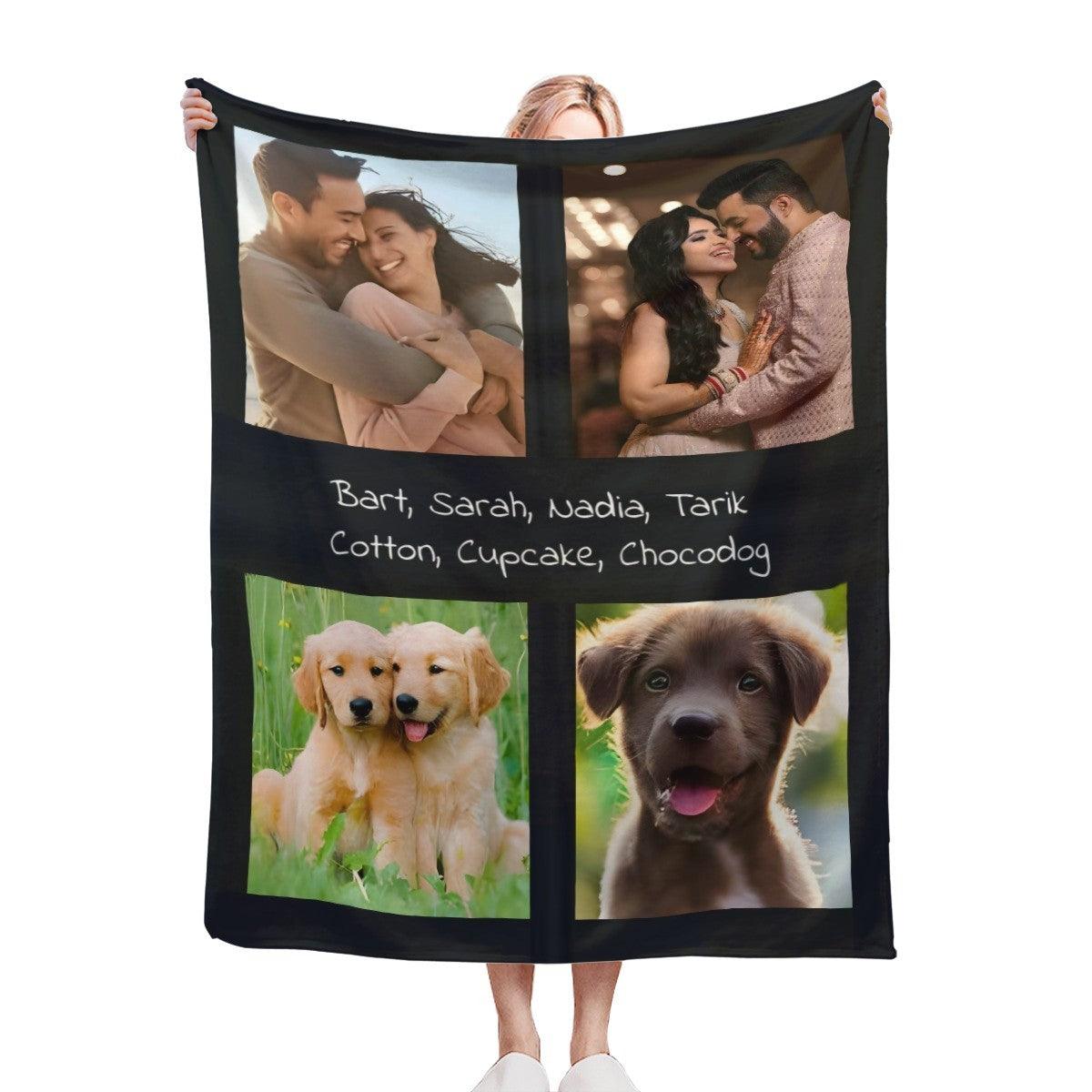 Personalized Photo Collage Blanket with Names — Custom Throw with 4 Photos, Unique Gift for Family, Couples, Pets & Memorials