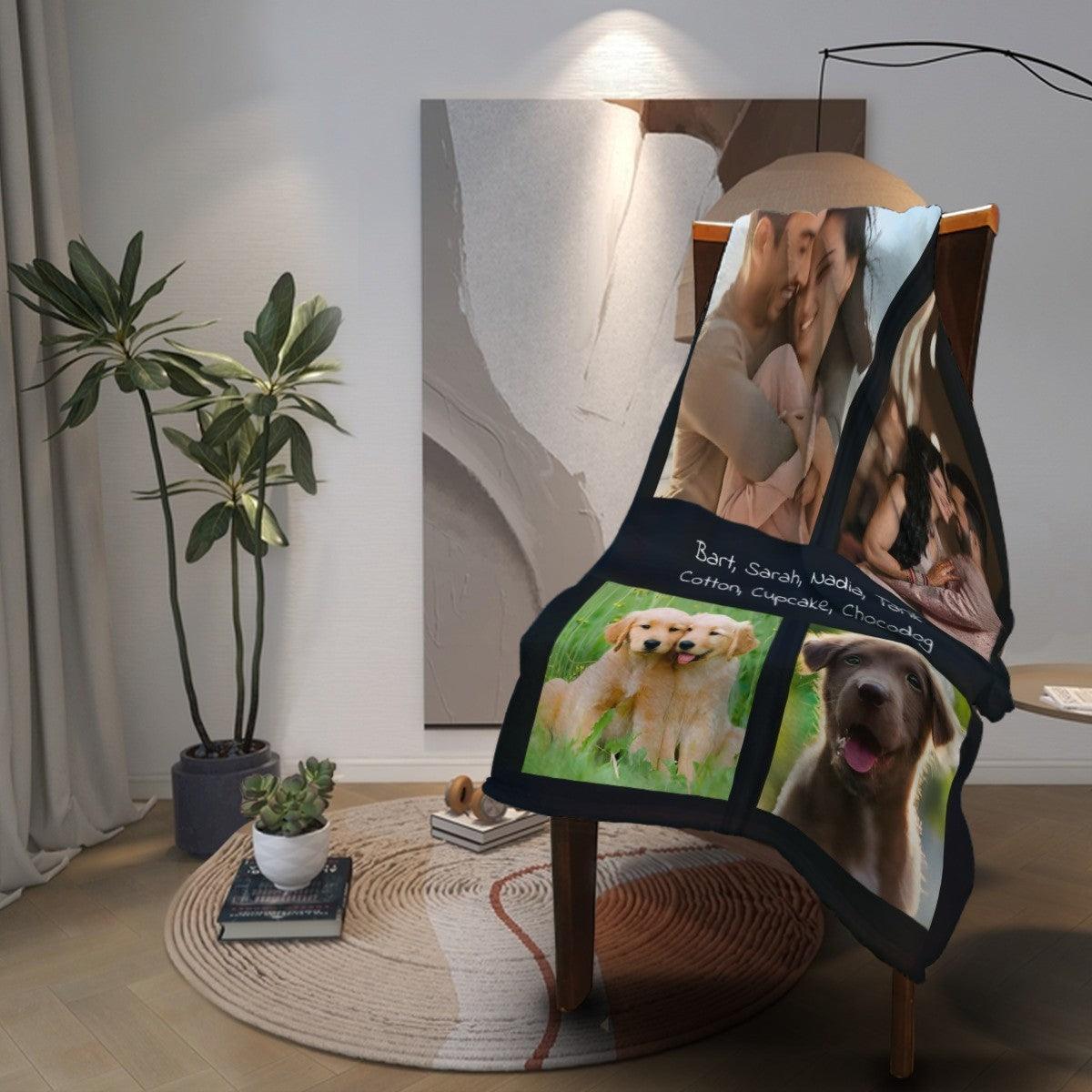 Personalized Photo Collage Blanket with Names — Custom Throw with 4 Photos, Unique Gift for Family, Couples, Pets & Memorials