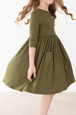 Olive 3/4 Sleeve Pocket Twirl Dress - Image 3