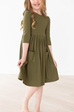 Olive 3/4 Sleeve Pocket Twirl Dress - Image 5