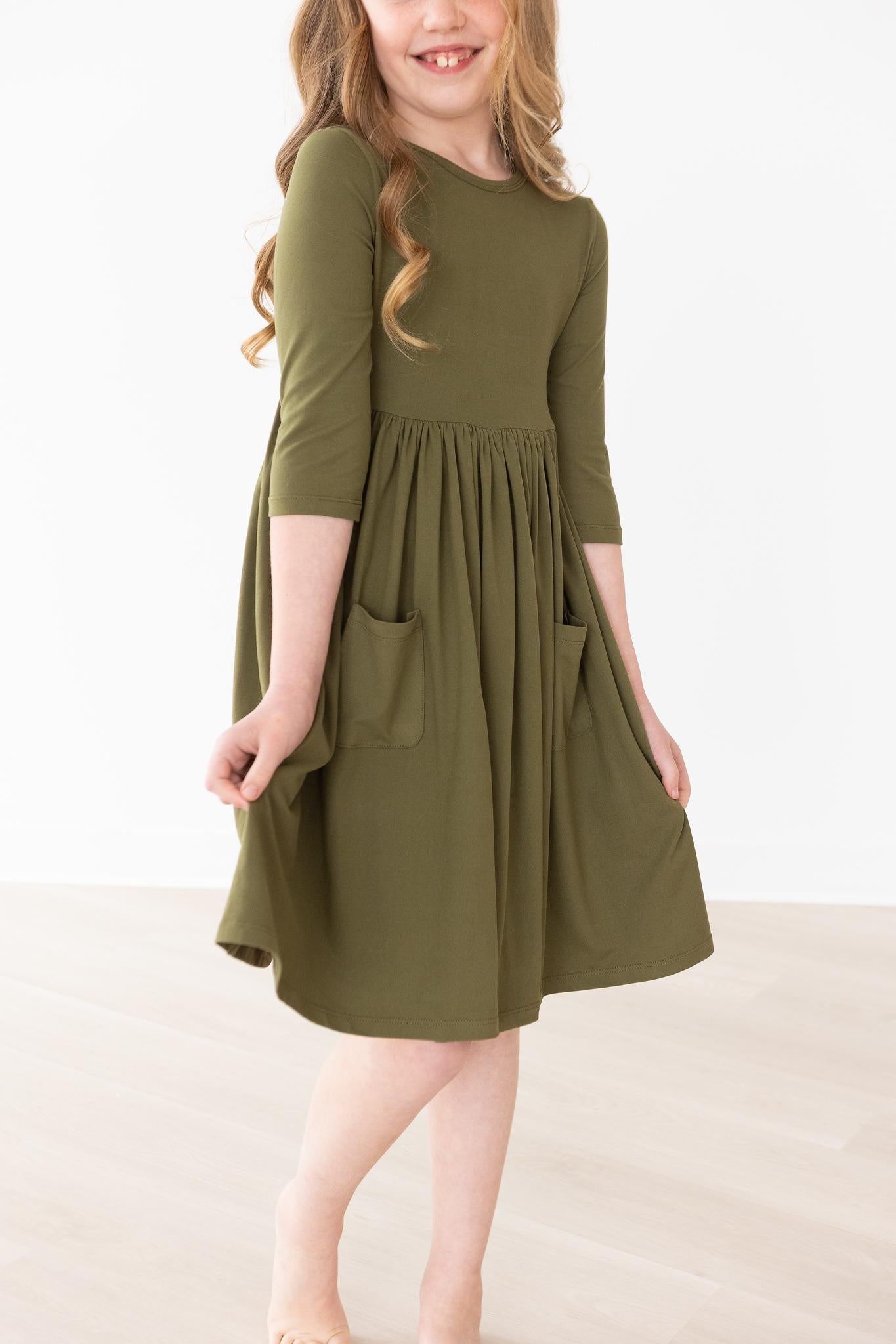 Olive 3/4 Sleeve Pocket Twirl Dress - Image 5