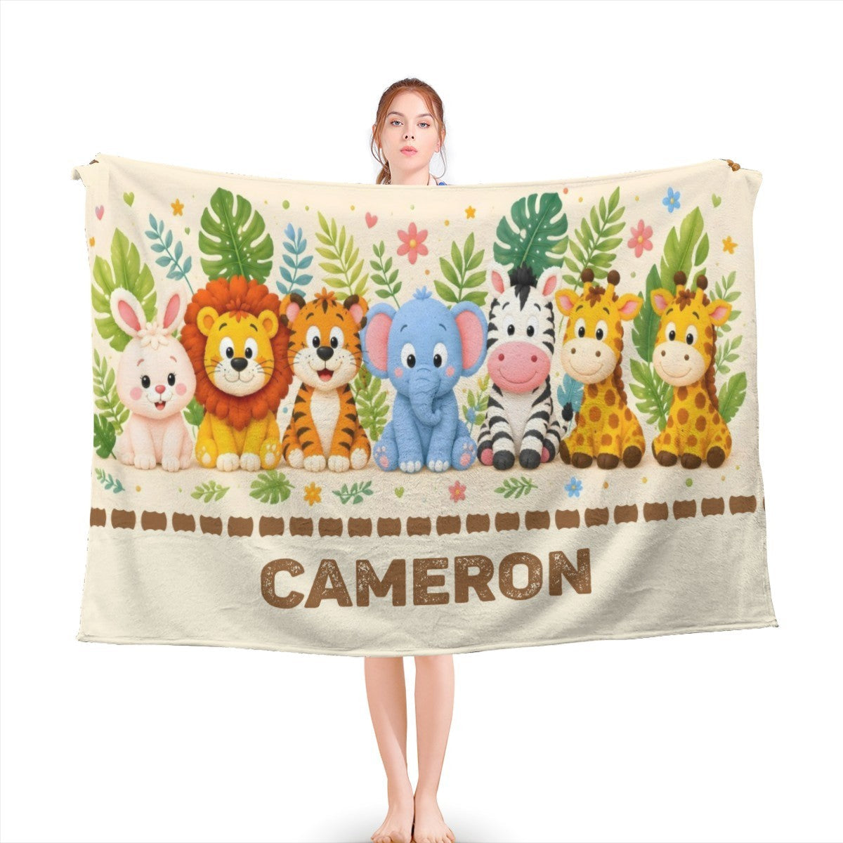 Personalized Safari Animals Blanket with Name | All-Cream Stitch Border Design | Custom Baby Gift