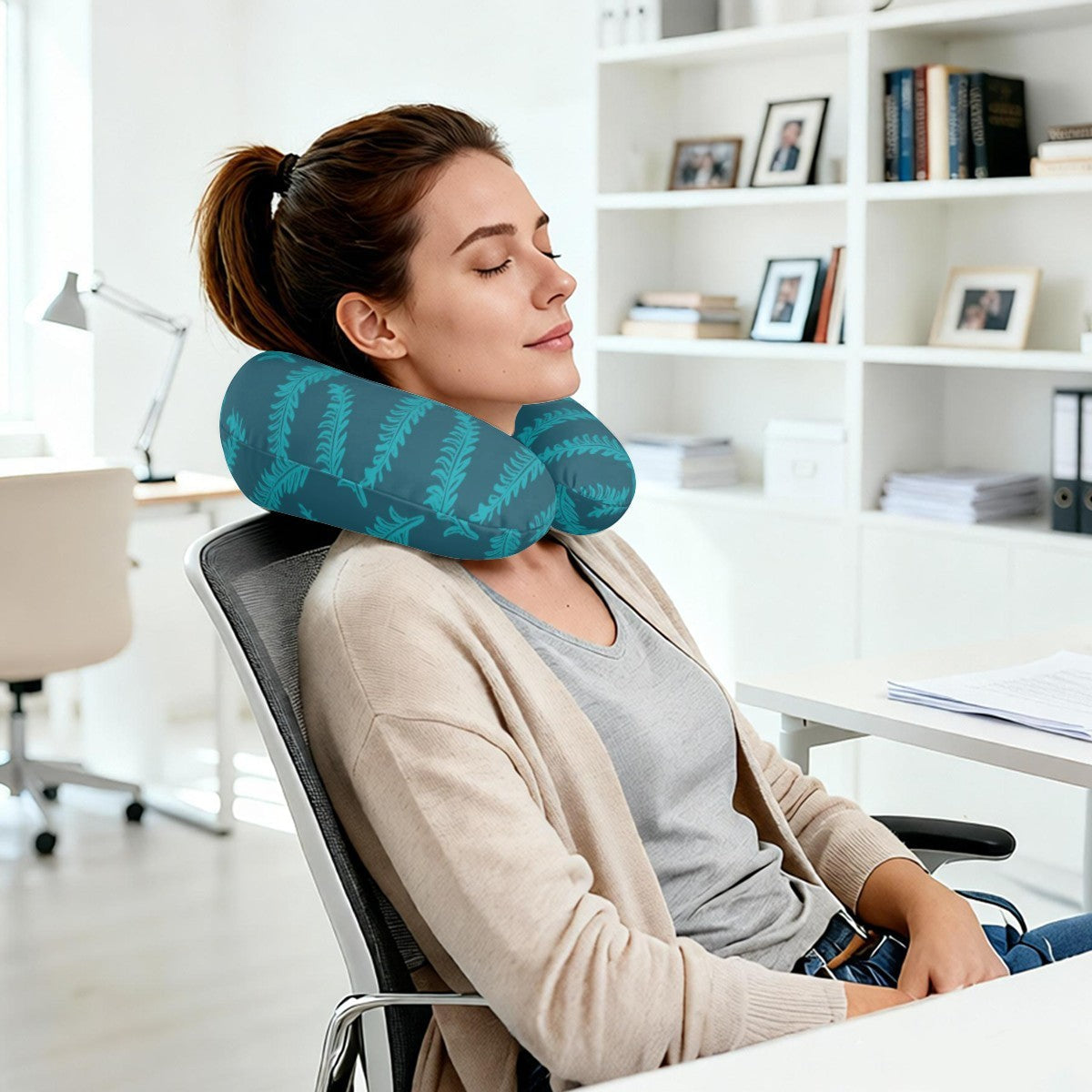 Personalized Fern Leaf Travel Neck Pillow with Name | Deep Teal Fern Frond Print | Memory Foam | Botanical Gift