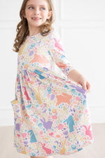 Pastel Floral Bunnies 3/4 Sleeve Pocket Twirl Dress - Image 2