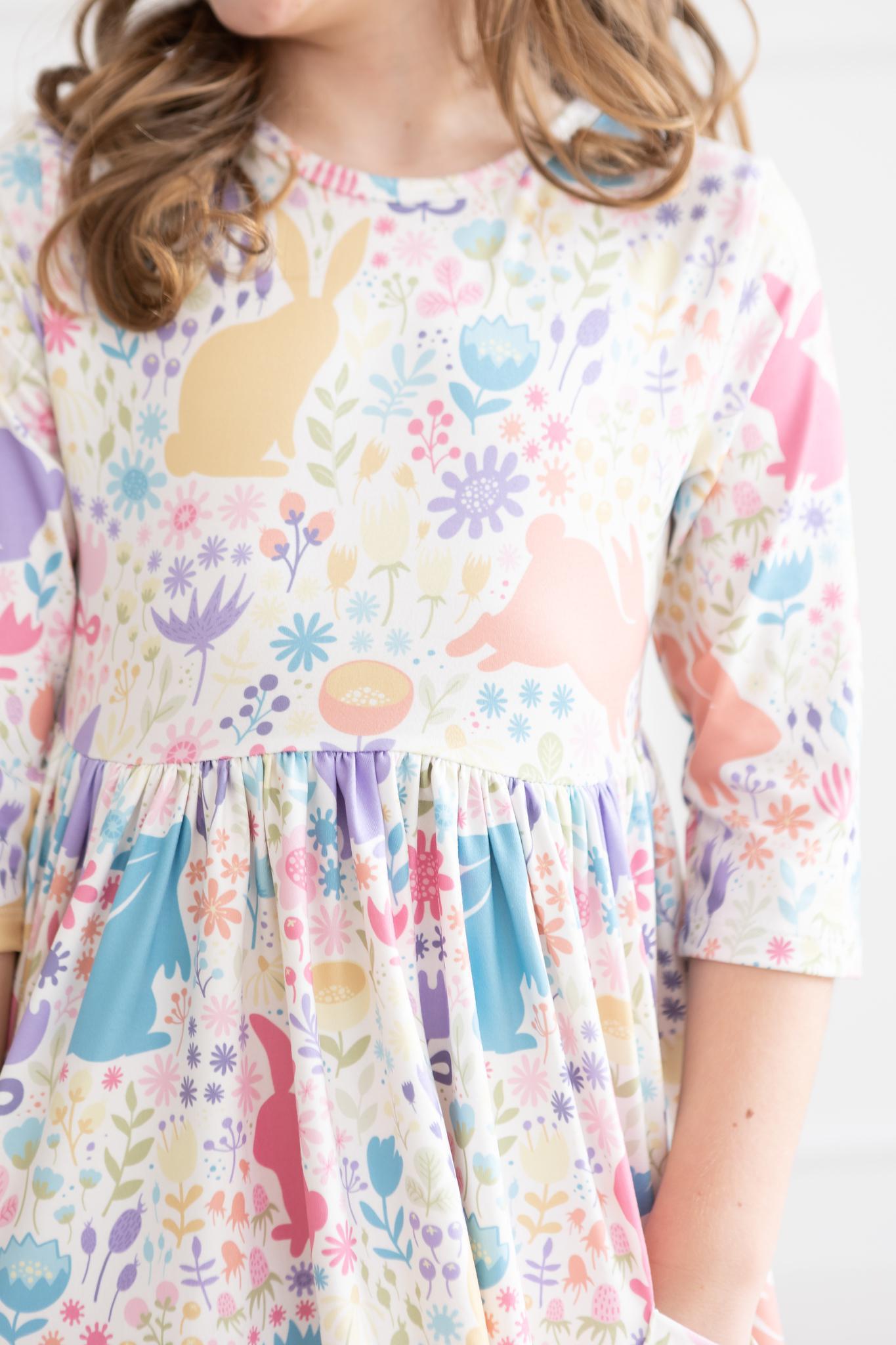 Pastel Floral Bunnies 3/4 Sleeve Pocket Twirl Dress - Image 3