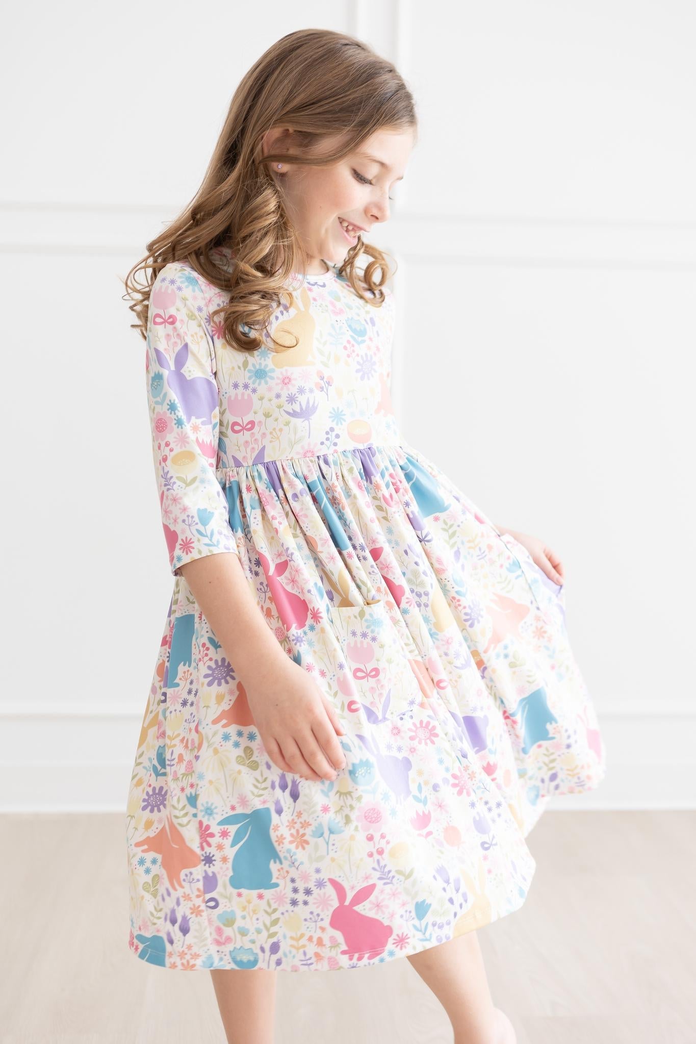 Pastel Floral Bunnies 3/4 Sleeve Pocket Twirl Dress - Image 4