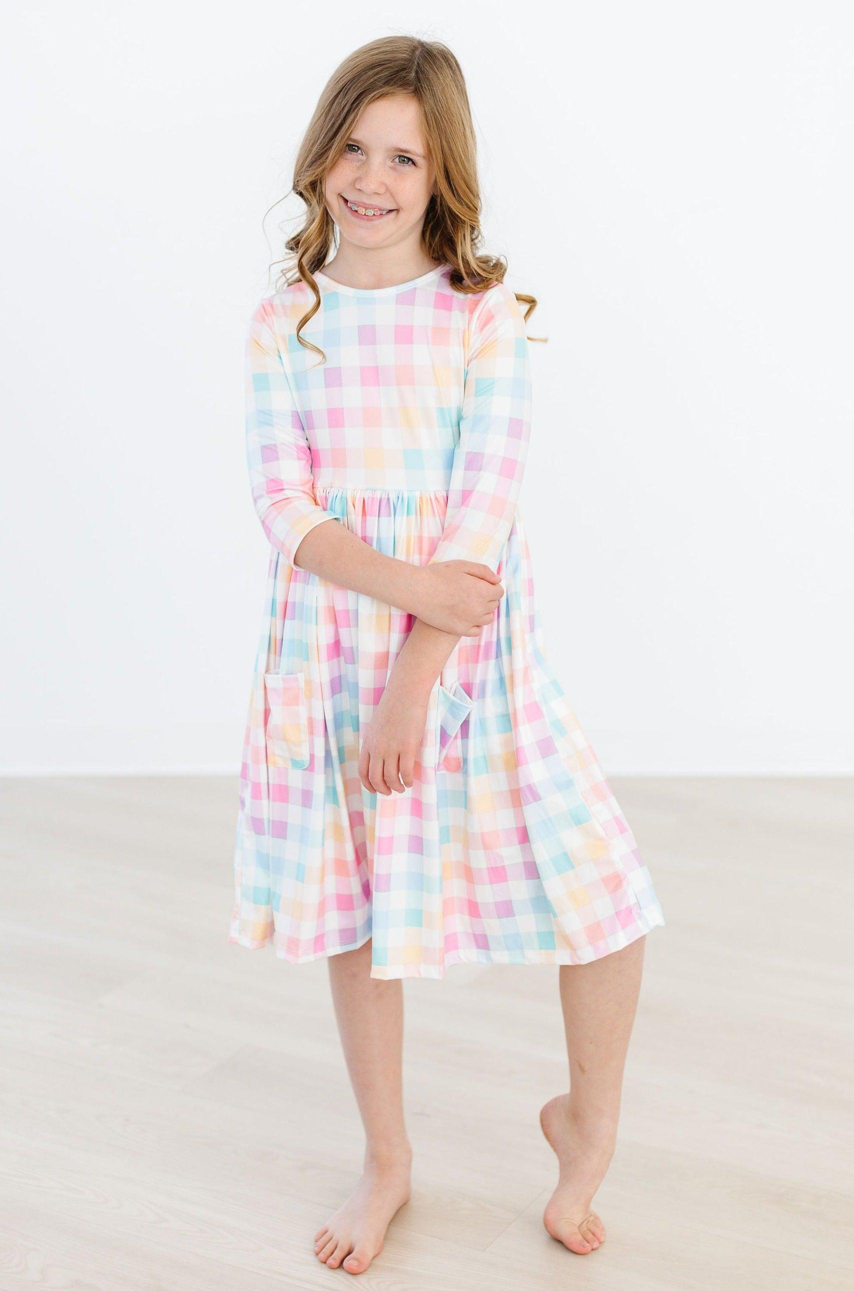 Pastel Plaid 3/4 Sleeve Pocket Twirl Dress - Image 3