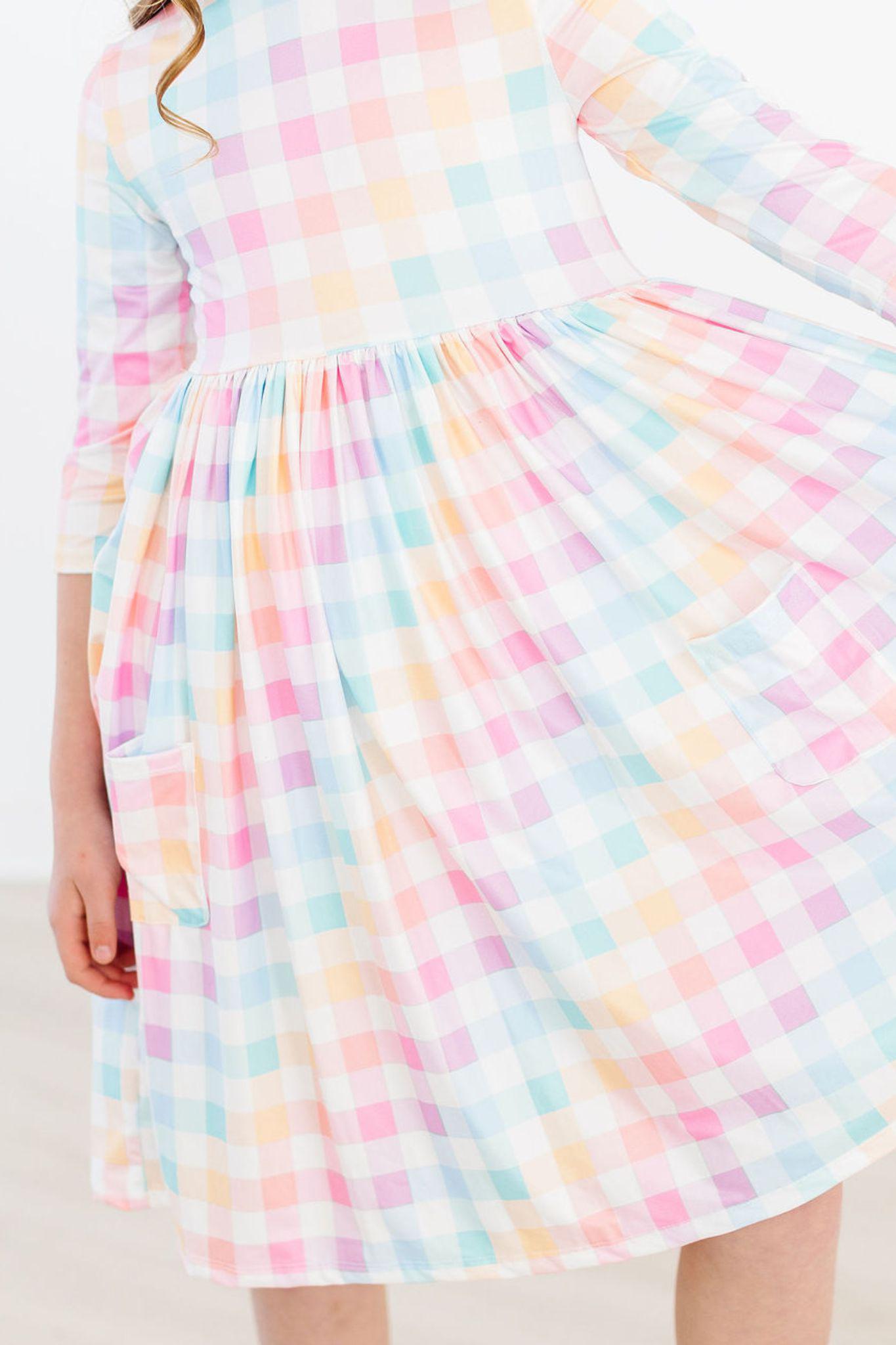 Pastel Plaid 3/4 Sleeve Pocket Twirl Dress - Image 7