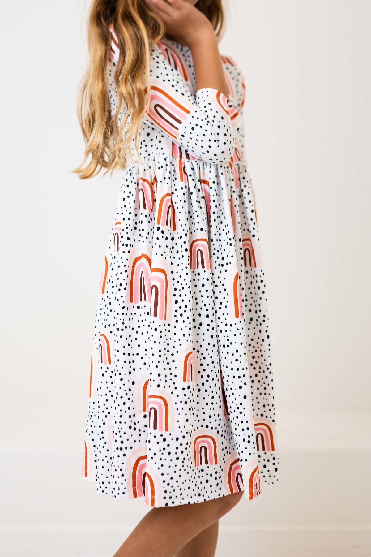 Peach Rainbow 3/4 Sleeve Pocket Twirl Dress - Image 3