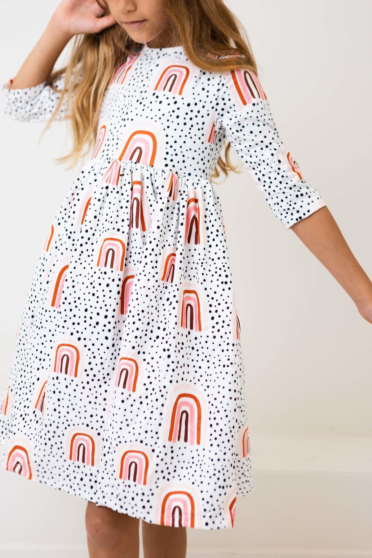 Peach Rainbow 3/4 Sleeve Pocket Twirl Dress - Image 4