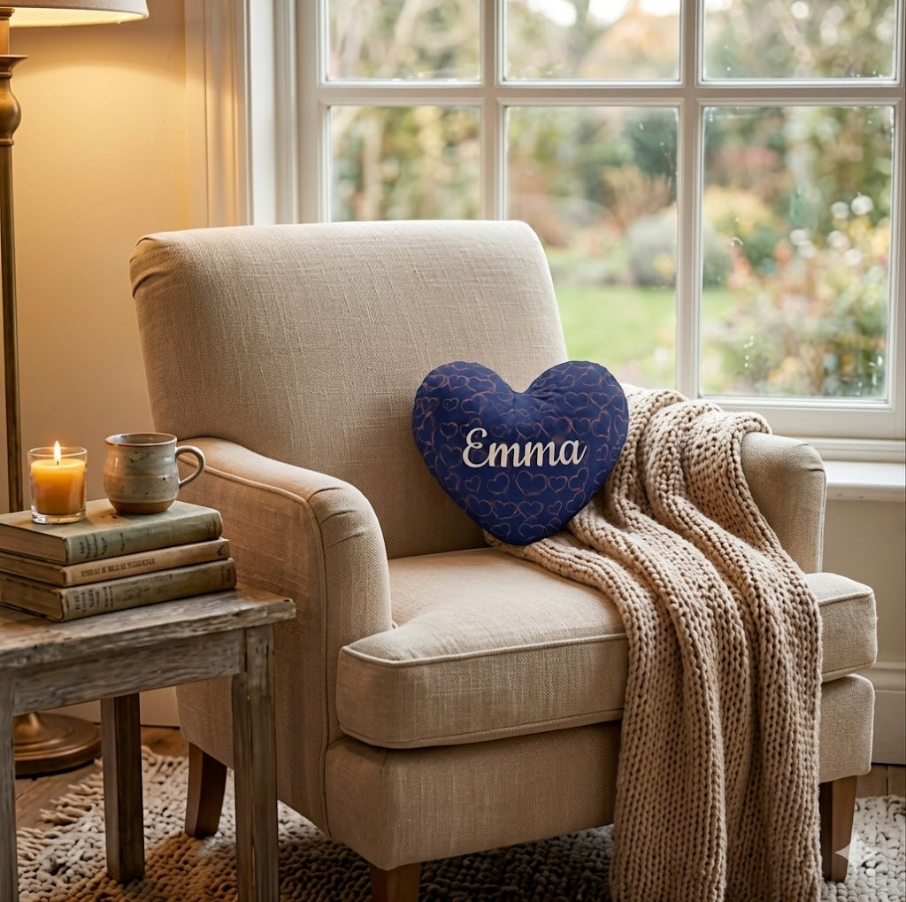 Personalized Heart Pillow with Name | Deep Magenta Pink or Navy Blue Velvet with Embossed Hearts | White Cursive Name | Custom Gift for Her