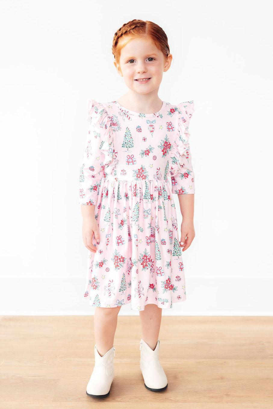 Pink Christmas 3/4 Sleeve Ruffle Twirl Dress - Image 6