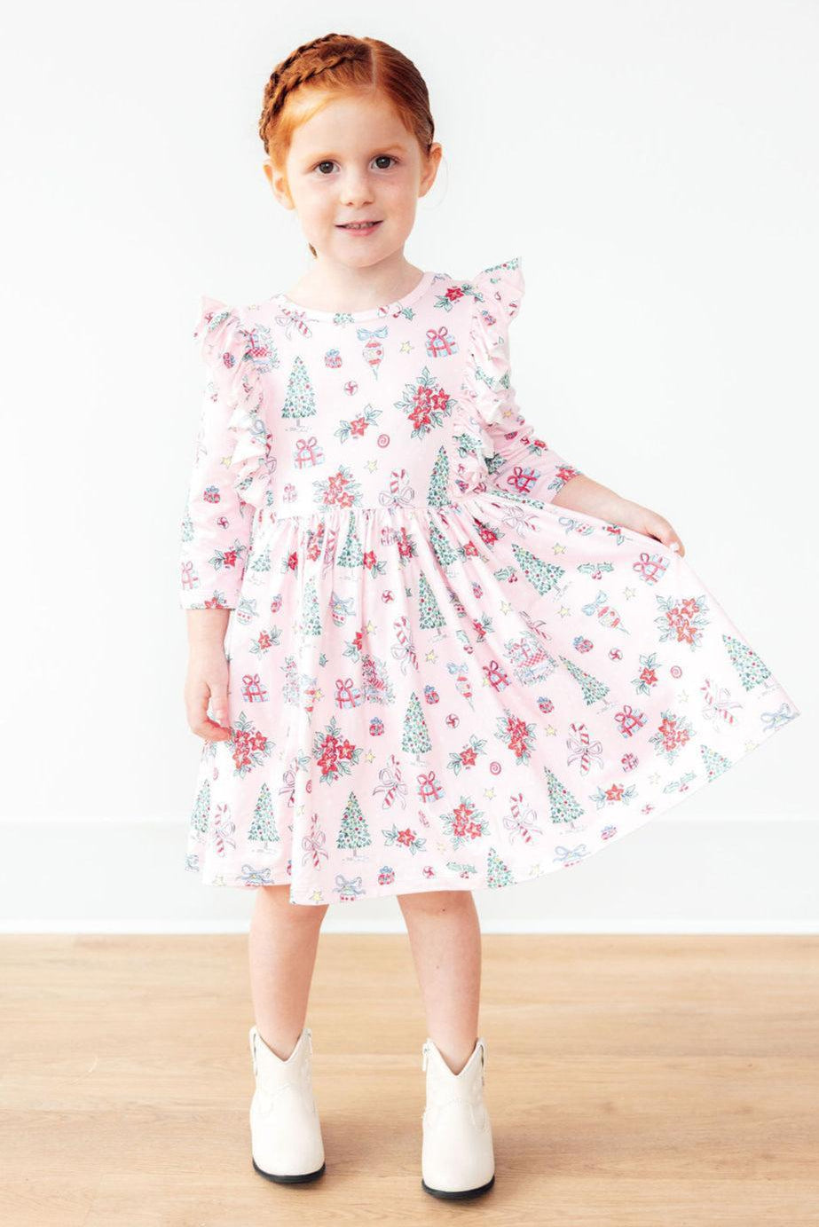 Pink Christmas 3/4 Sleeve Ruffle Twirl Dress - Image 7
