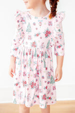 Pink Christmas 3/4 Sleeve Ruffle Twirl Dress - Image 3