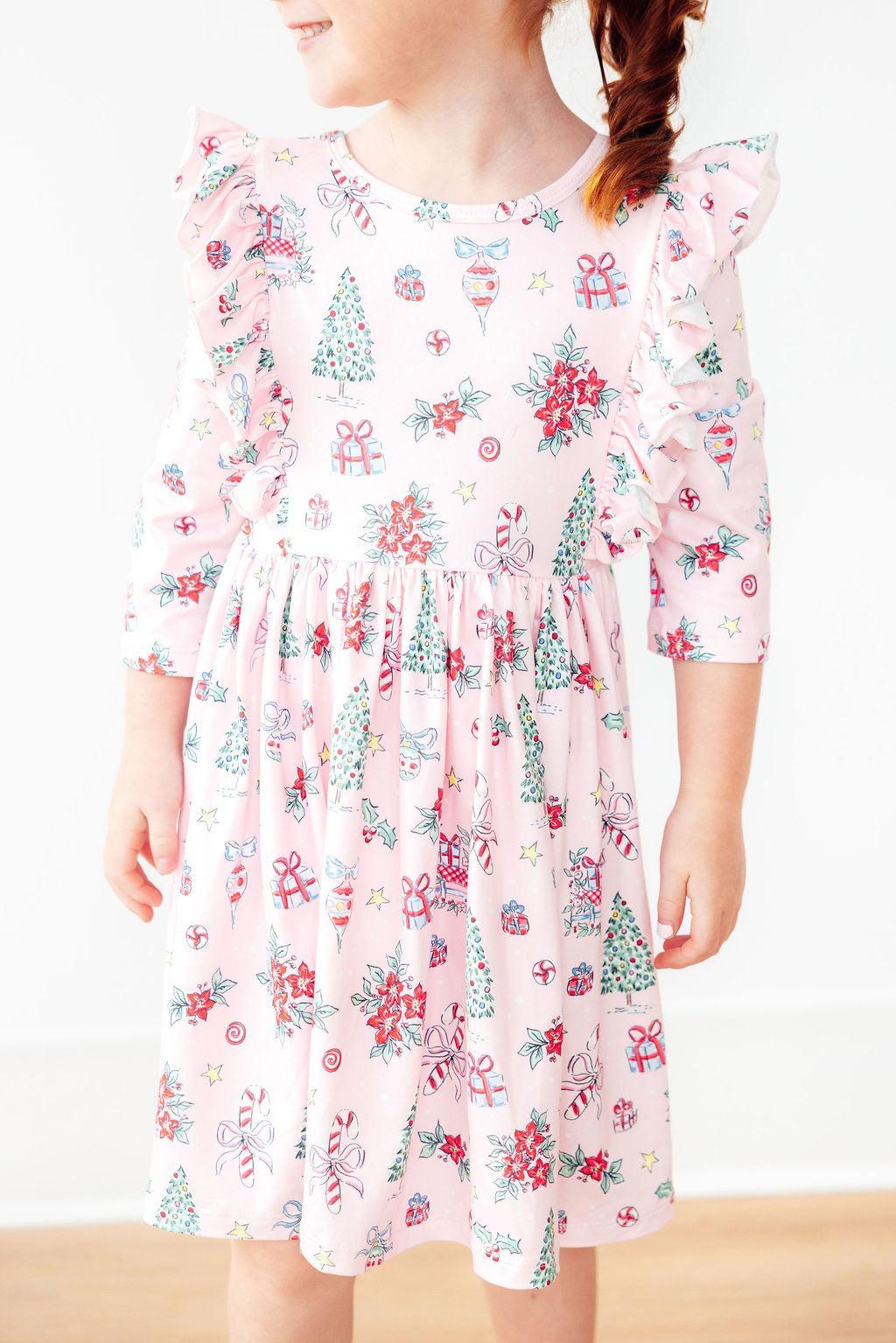 Pink Christmas 3/4 Sleeve Ruffle Twirl Dress - Image 3
