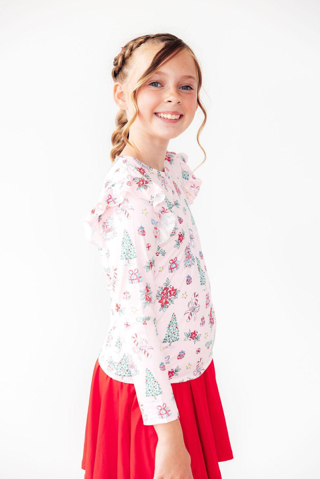 Pink Christmas L/S Ruffle Tee - Image 4