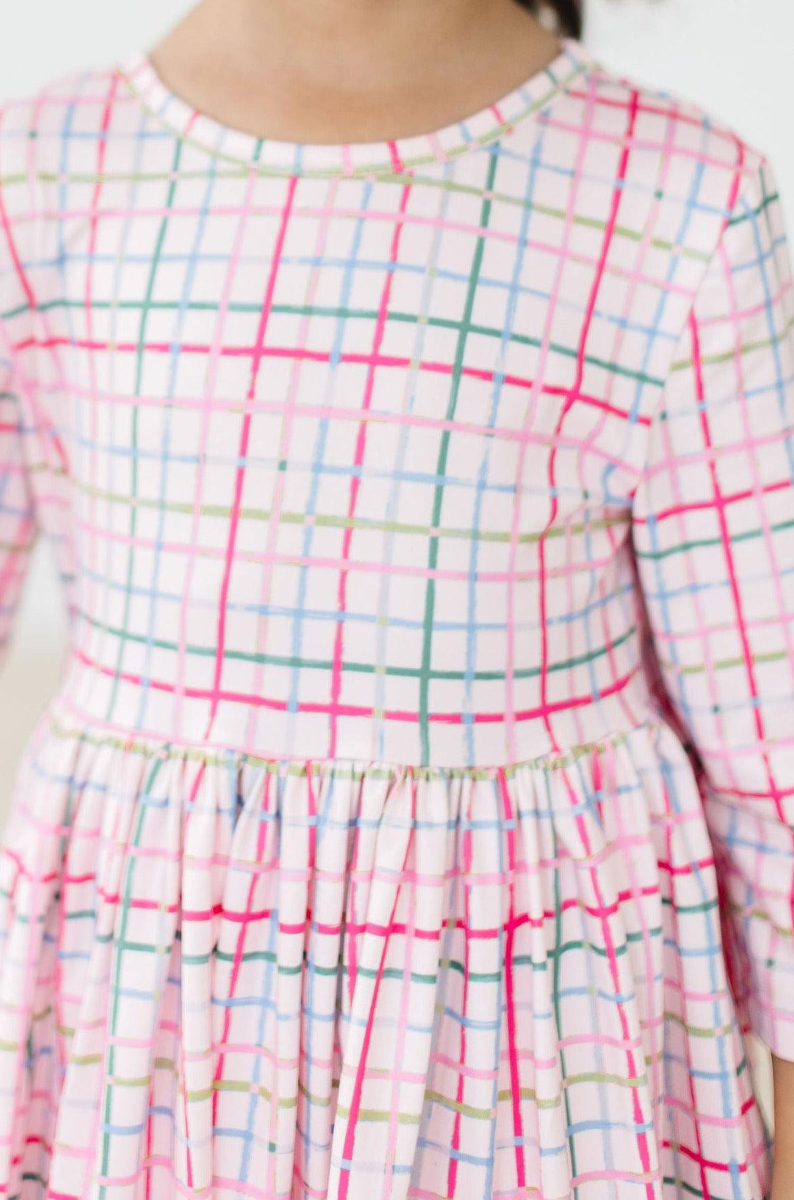 Pink Plaid 3/4 Sleeve Pocket Twirl Dress - Image 4