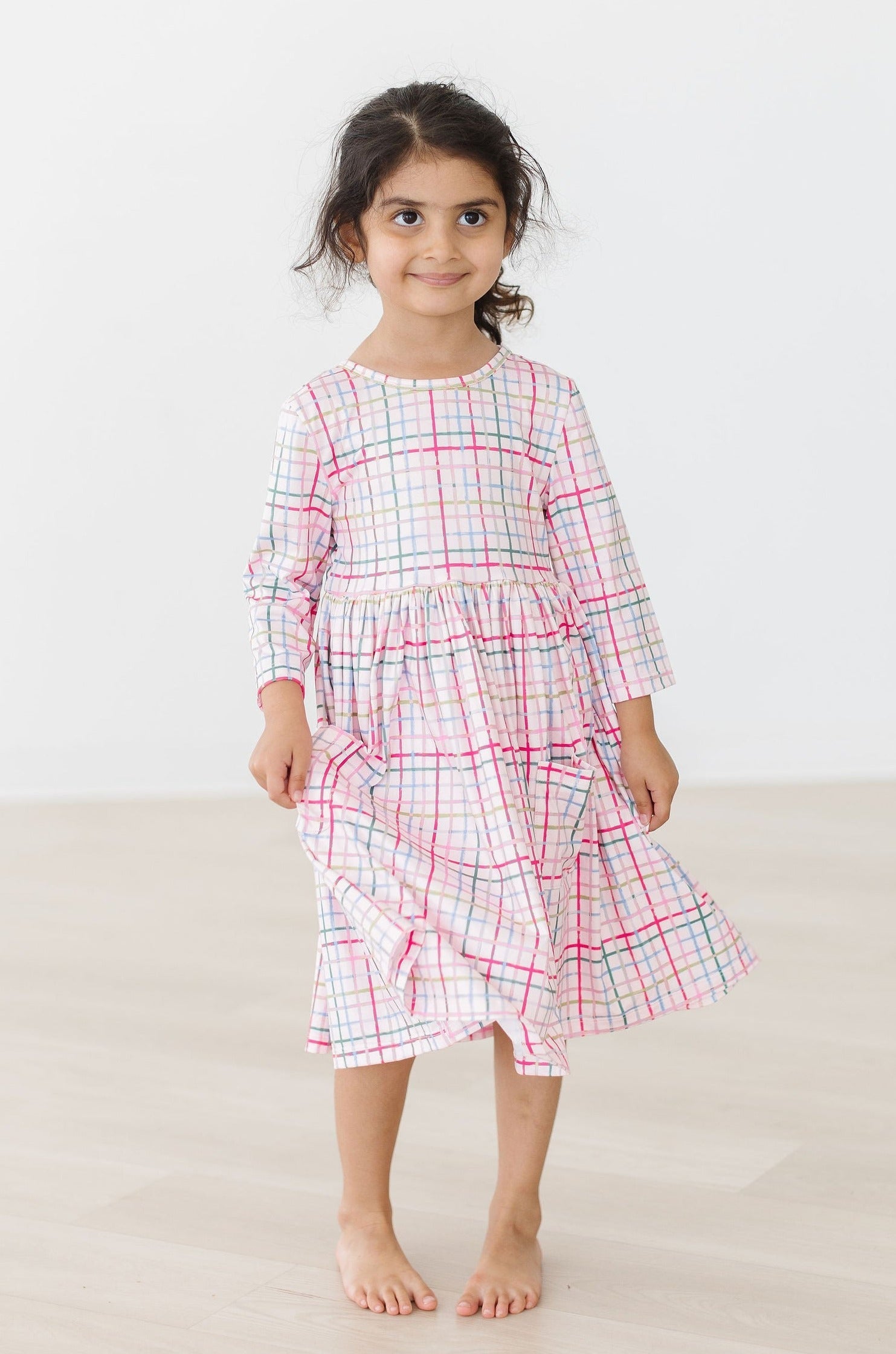 Pink Plaid 3/4 Sleeve Pocket Twirl Dress - Image 7