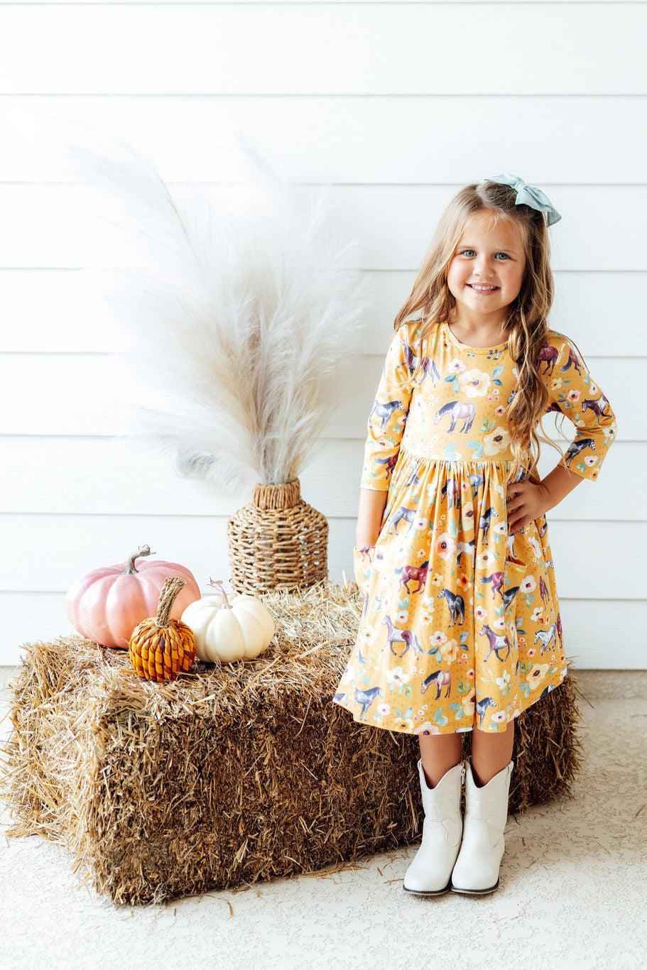 Ponies & Poppies 3/4 Sleeve Pocket Twirl Dress by Mila & Rose